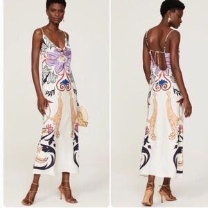 Carolina K Women Large White Floral Print Cowl Neck Open Back Maxi Dress Boho